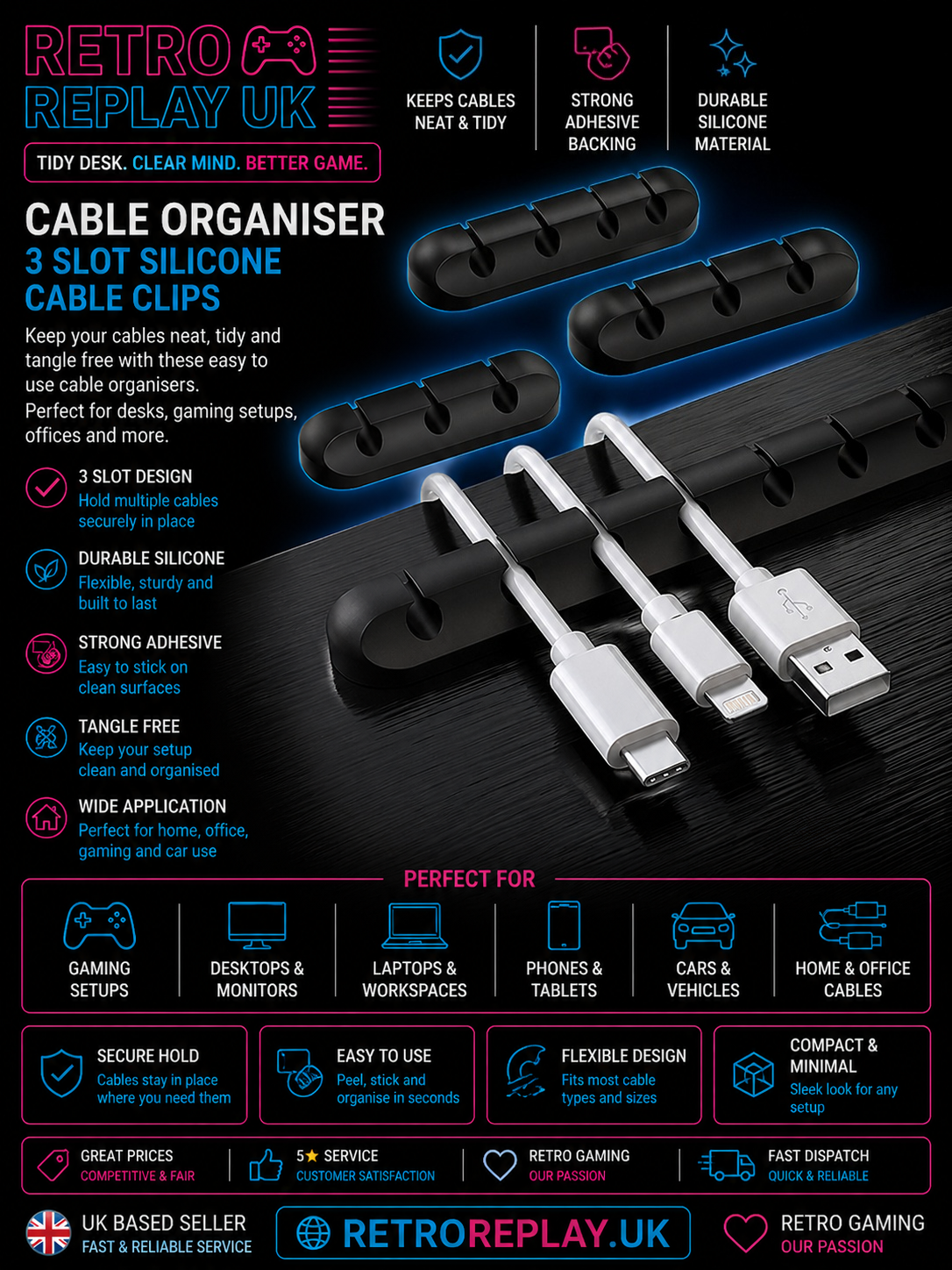 SOULWIT Cable Holder Clips 3 Pack Cable Management Organiser USB Desk Black