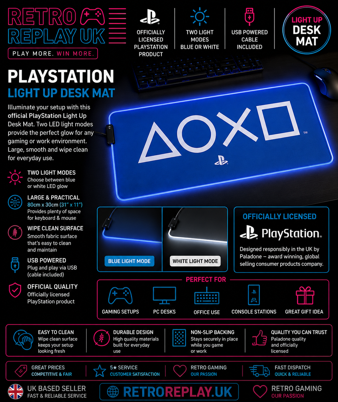 PlayStation Light Up Desk Mat LED Mouse Pad Keyboard Gaming RGB