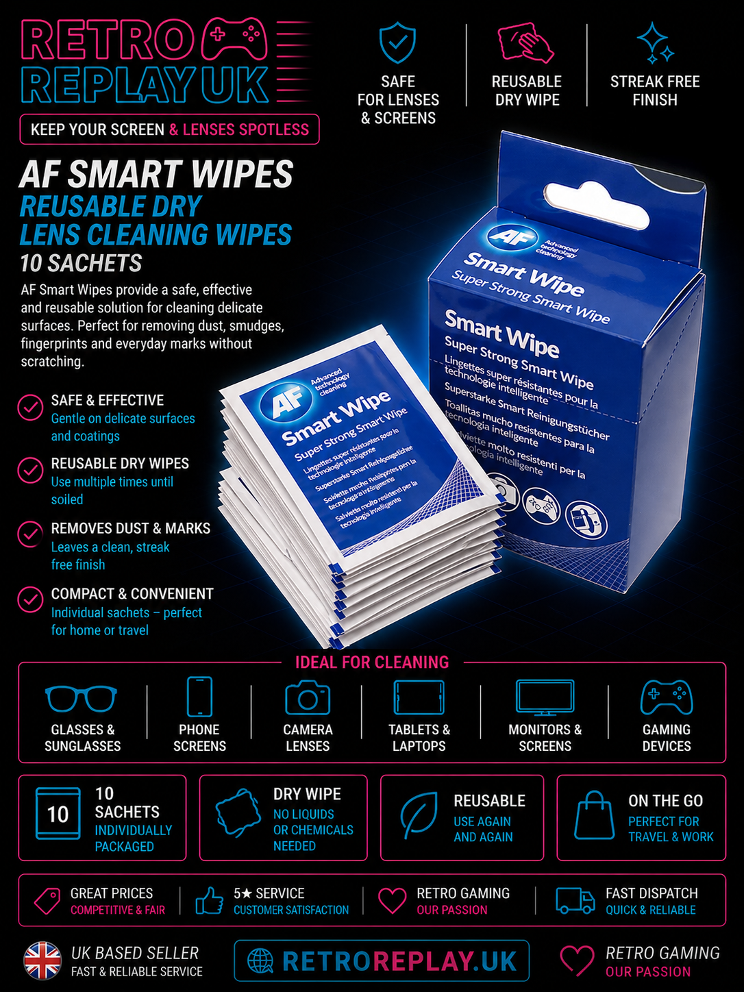 AF Smart Wipes Lens Cleaning Wipes Glasses Phone Screen Gamepad Tablet 10 Sachet