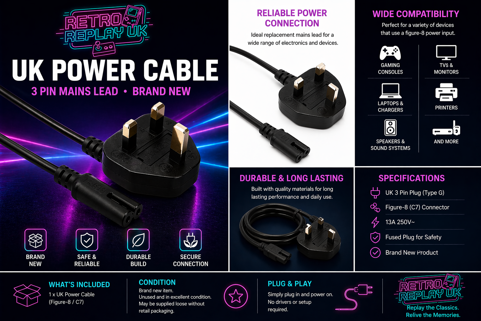 UK 3 Pin Figure 8 C7 Power Cable Lead | PS2 PS3 Xbox TV Console | Brand New