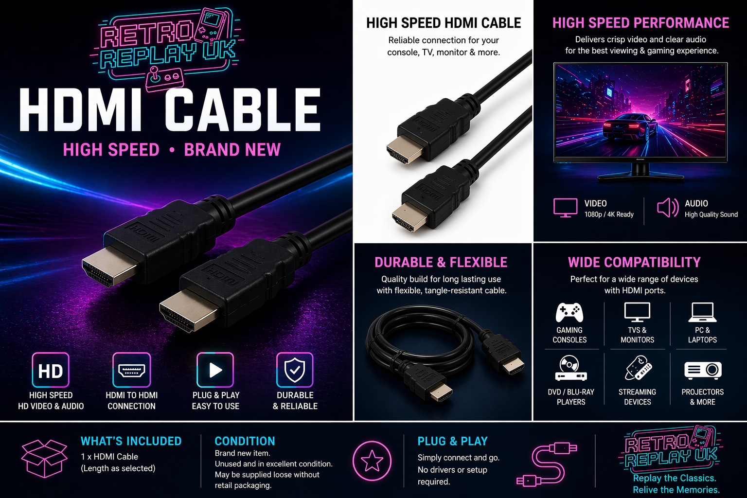 HDMI Cable Lead High Speed TV Monitor Display Cord | Brand New