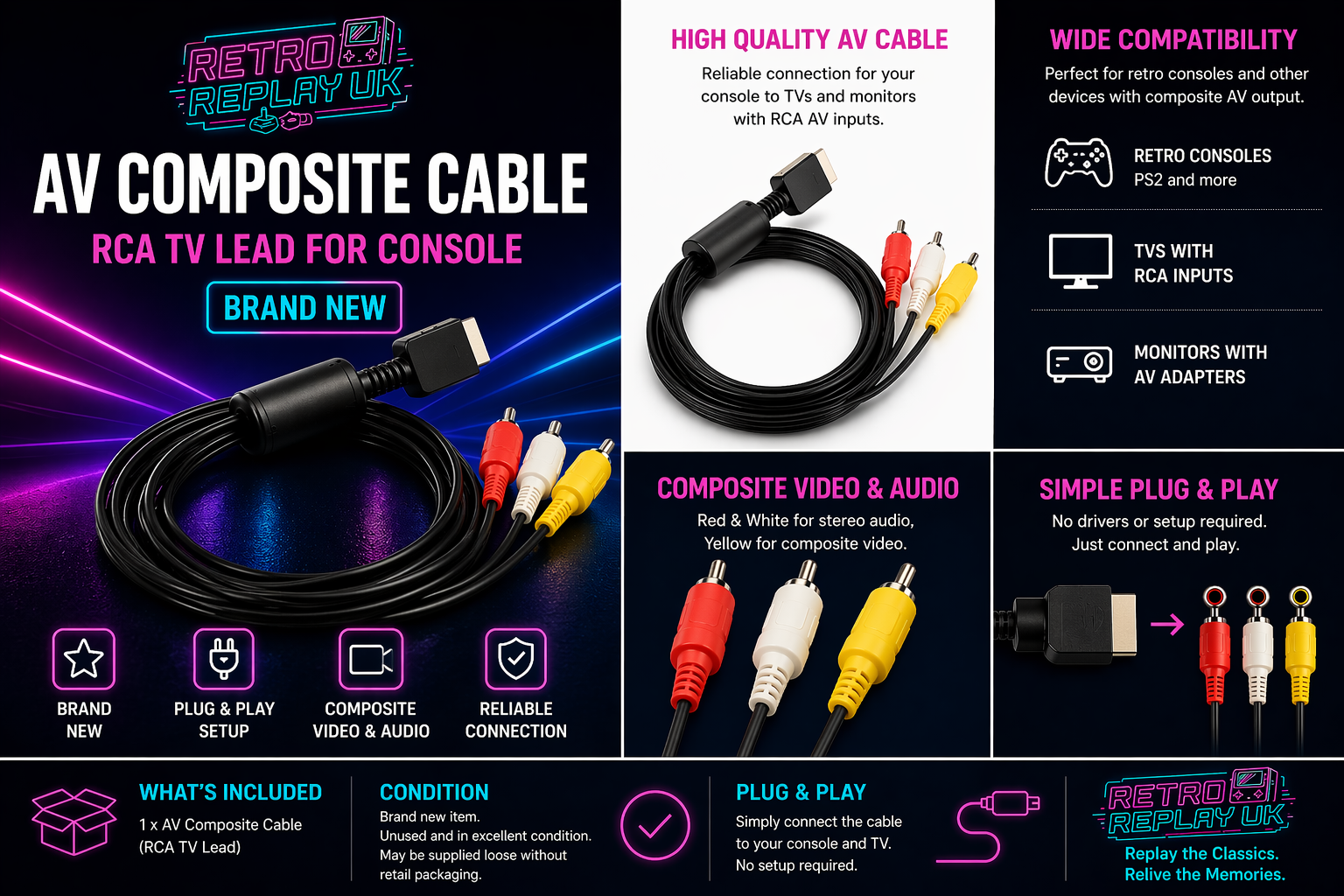 AV Composite Cable RCA TV Lead for Console | Brand New