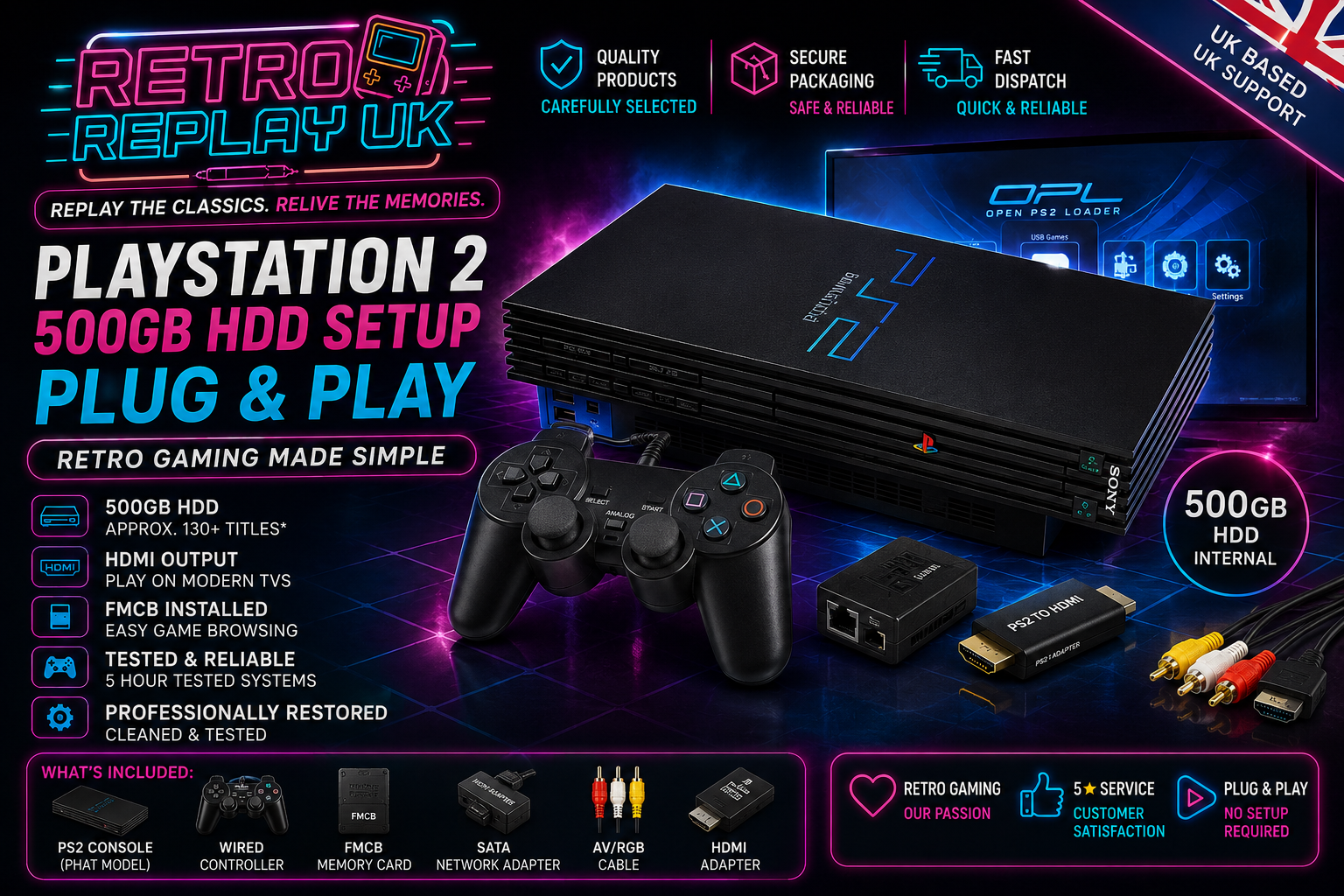 PlayStation 2 HDD Gaming System | PS2 Console Bundle HDMI Plug & Play | RetroReplay UK