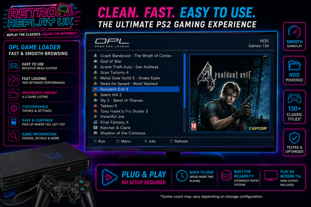PlayStation 2 HDD Gaming System | PS2 Console Bundle HDMI Plug & Play | RetroReplay UK